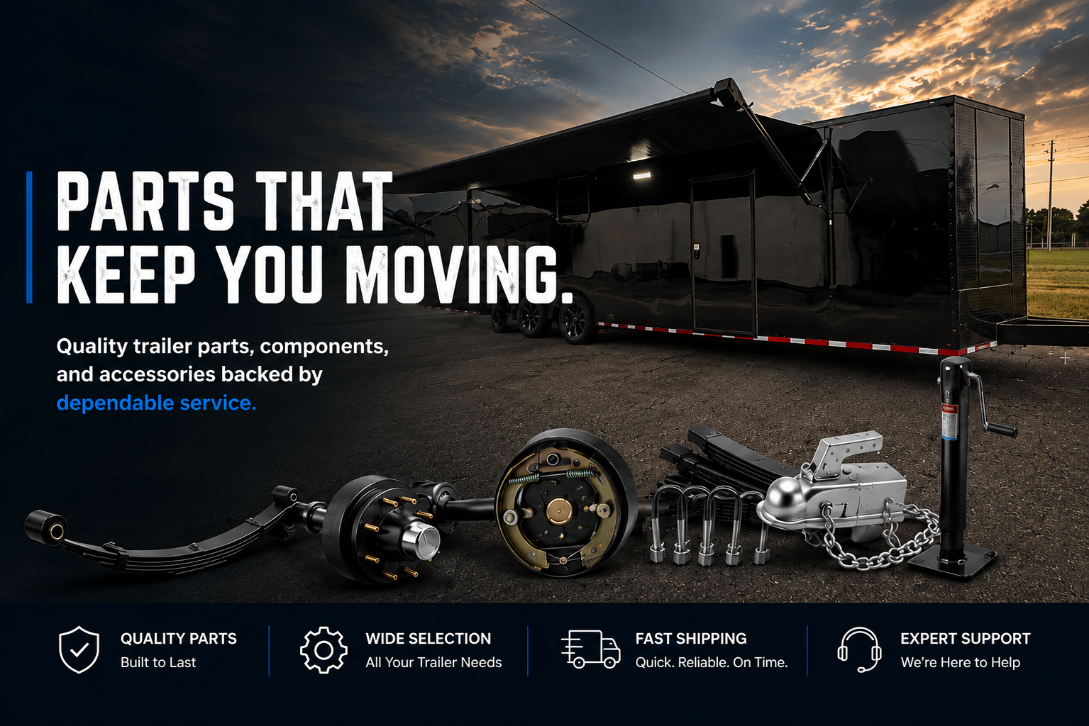 Black enclosed trailer at sunset with trailer parts